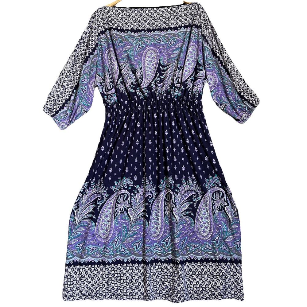 Melissa Masse Dress 1X Plum Purple Paisley Boat Neck Lined Below Knee Jersey USA